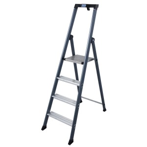 Krause SePro S Stufenstehleiter, eloxiert, mit 4 Stufen und Sicherheitsbügel.