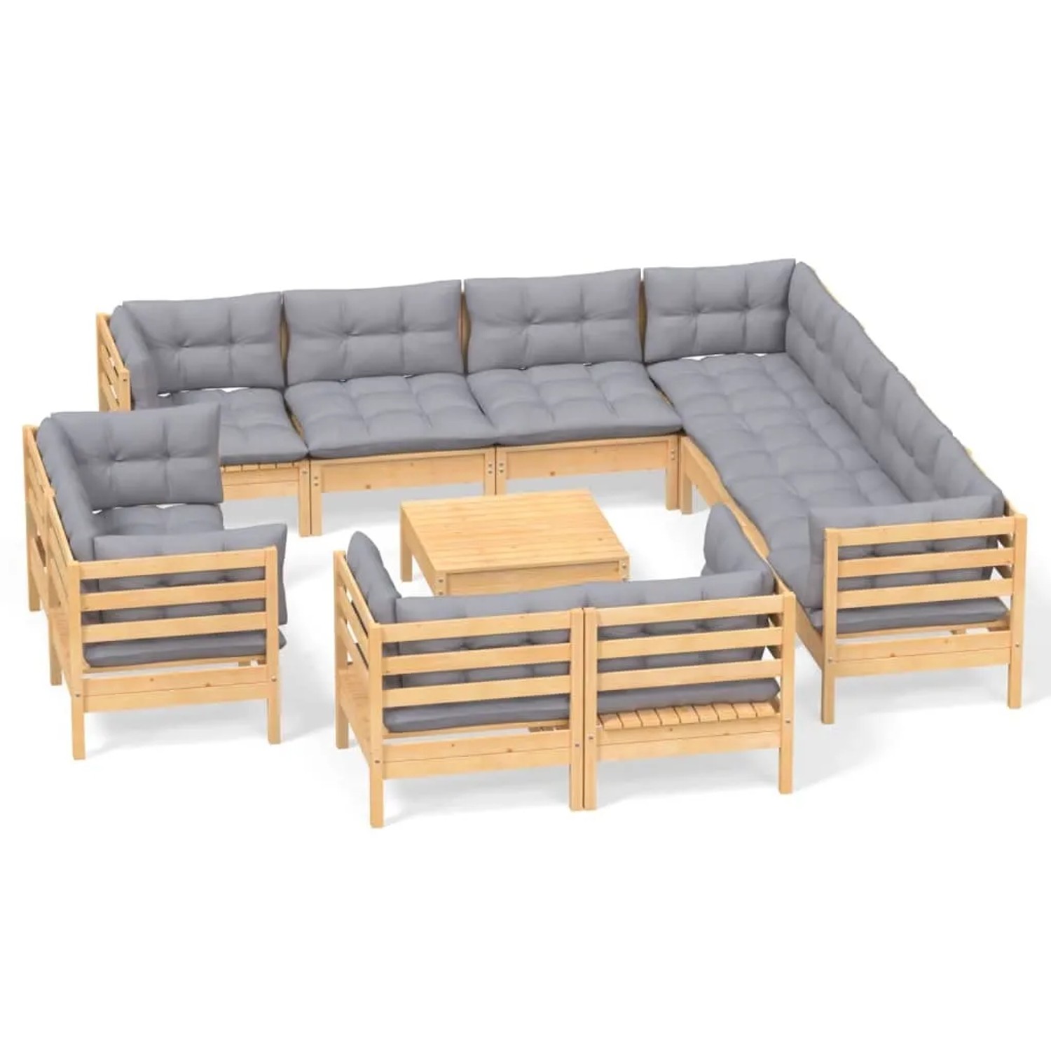 vidaXL 12-Tlg Garten-Lounge-Set mit Grauen Kissen Massivholz Kiefer 3096940