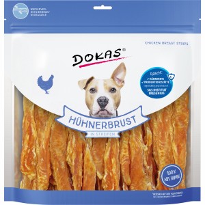 Dokas Hühnerbrust Streifen, 900g Packung, getrocknete Hunde-Snacks aus 100% Hühnchen.