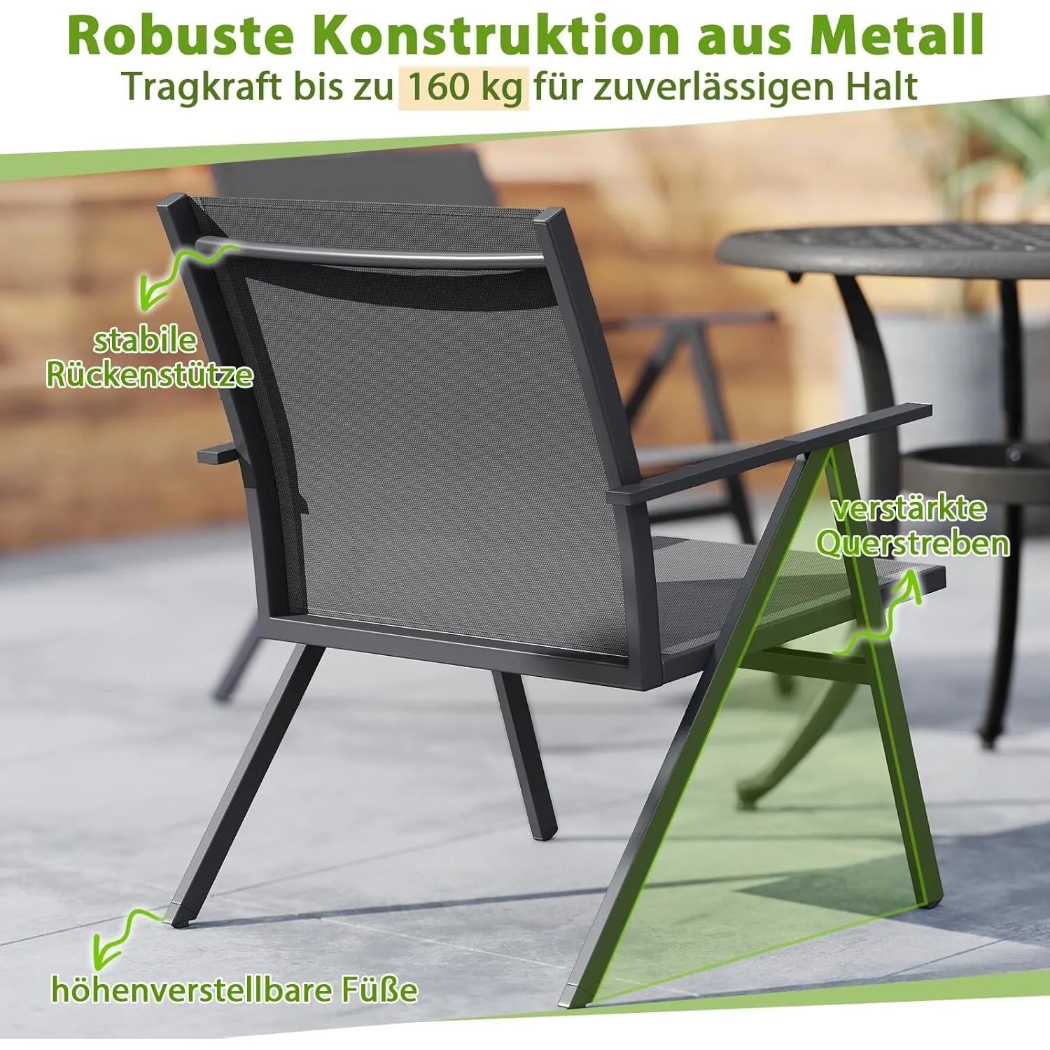Grauer Gartenstuhl aus Metall, robust gebaut mit breiter Sitzfläche, verstärkten Querstreben und verstellbaren Füßen.