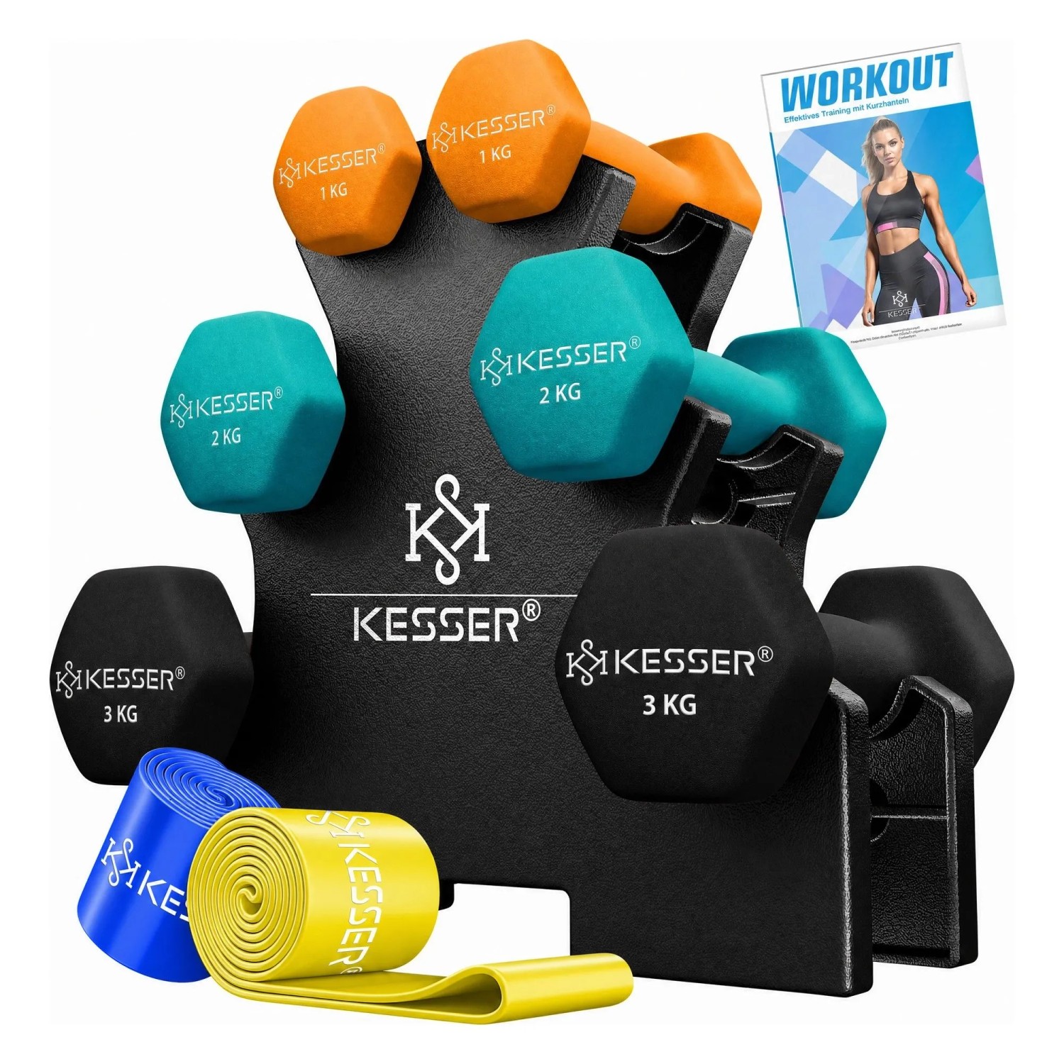 KESSER Hantelset 12 kg 2 x 1 kg 2 kg 3 kg Orange Petrolblau Schwarz 3 Paar
