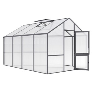 KGT Gewächshaus, 12,74 m², Anthrazit-Grau, mit geöffneter Tür und Dachfenster.