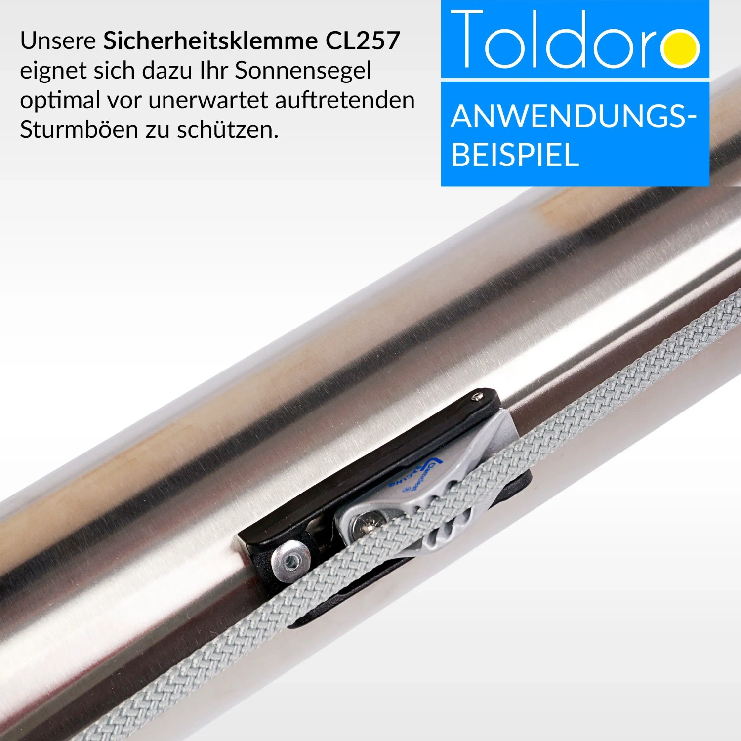 Toldoro Sicherheitsklemme CL257 am Sonnensegelmast mit Tauwerk. Boot Zubehör für schnelles Spannen.