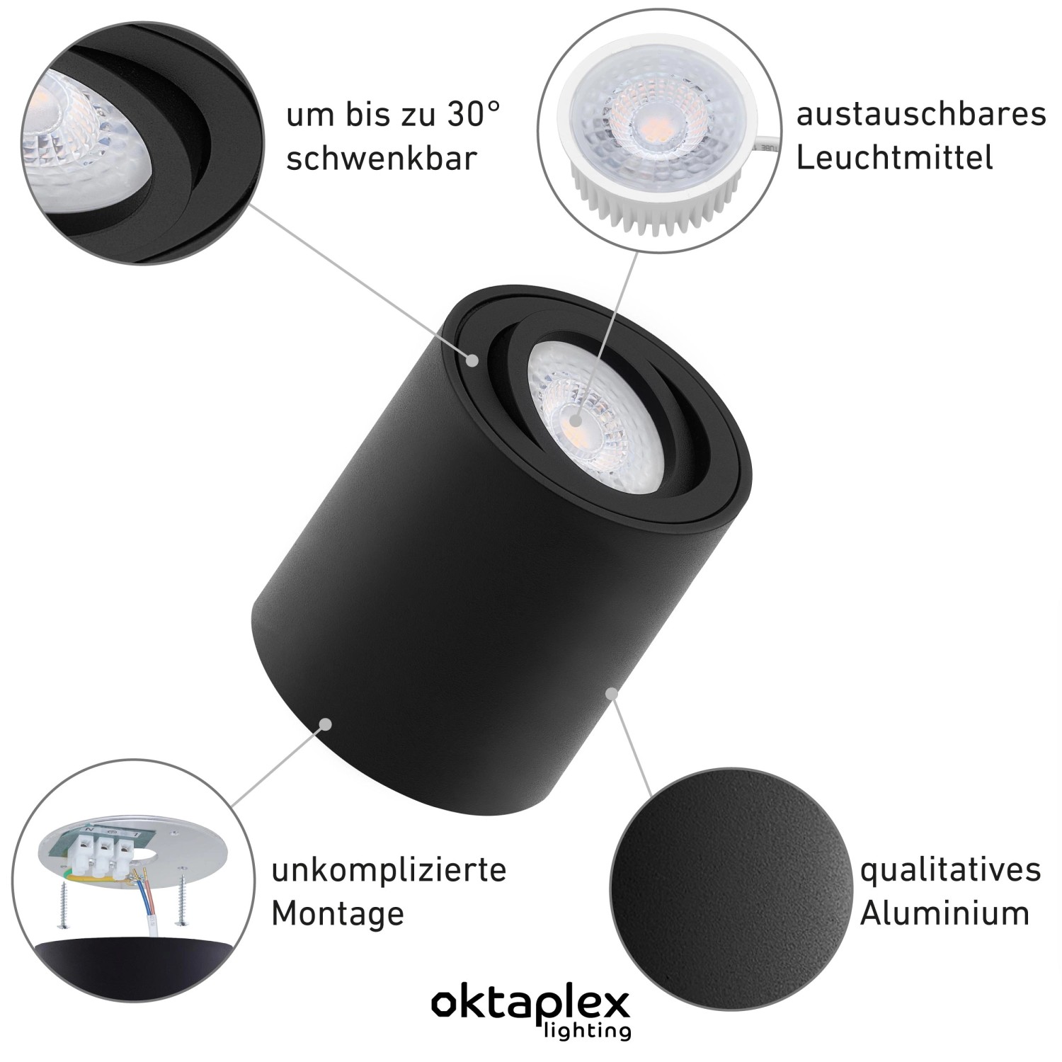 Oktaplex Deckenstrahler Lile, 12er Set, schwarz, dimmbar, mit LED-Modul. Für Lampen & Leuchten.