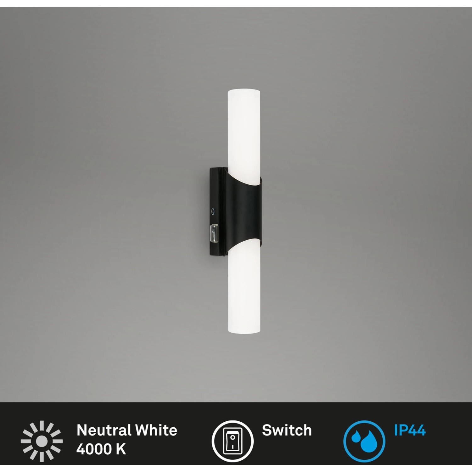 Schwarze Brilo LED-Wandleuchte Klak, 6,5 W, für Bad und Innenbereich, mit Ein-/Ausschalter.