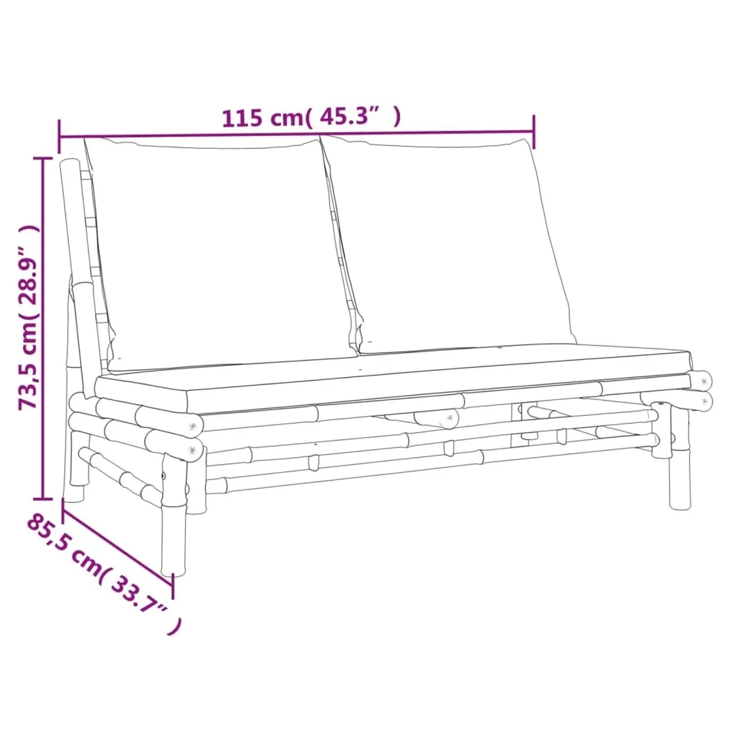 vidaXL Garten-Lounge-Set, 4-teilig, Bambus mit dunkelgrauen Kissen, Maße
