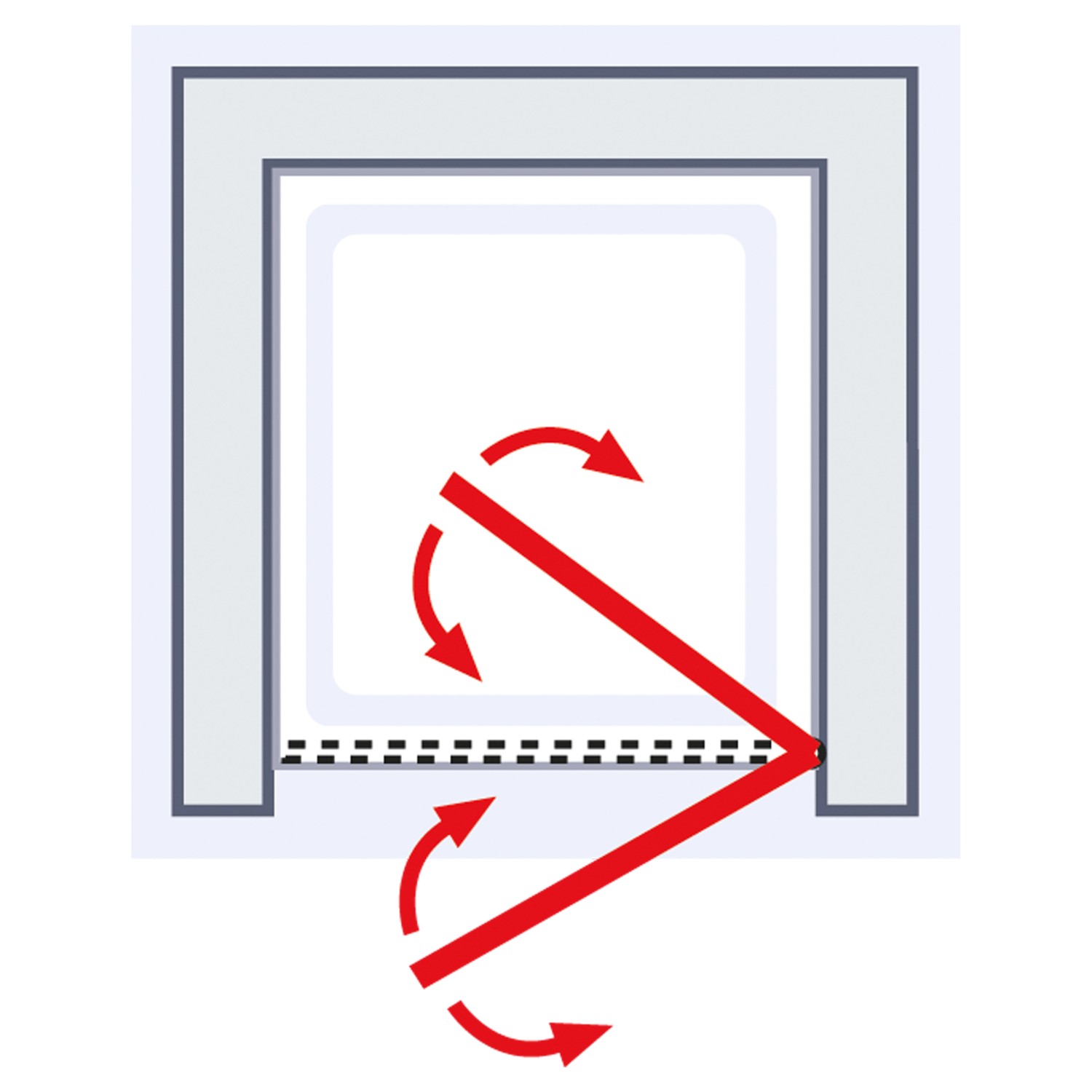 Schulte Drehtür Toura, pendelbar in Nische, Türanschlag rechts, Drehbereich mit Pfeilen dargestellt.