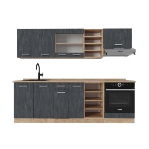 Vicco R-Line Komplettküche in Schwarz Beton/Goldkraft Eiche, 240 cm breit, ohne Arbeitsplatte.