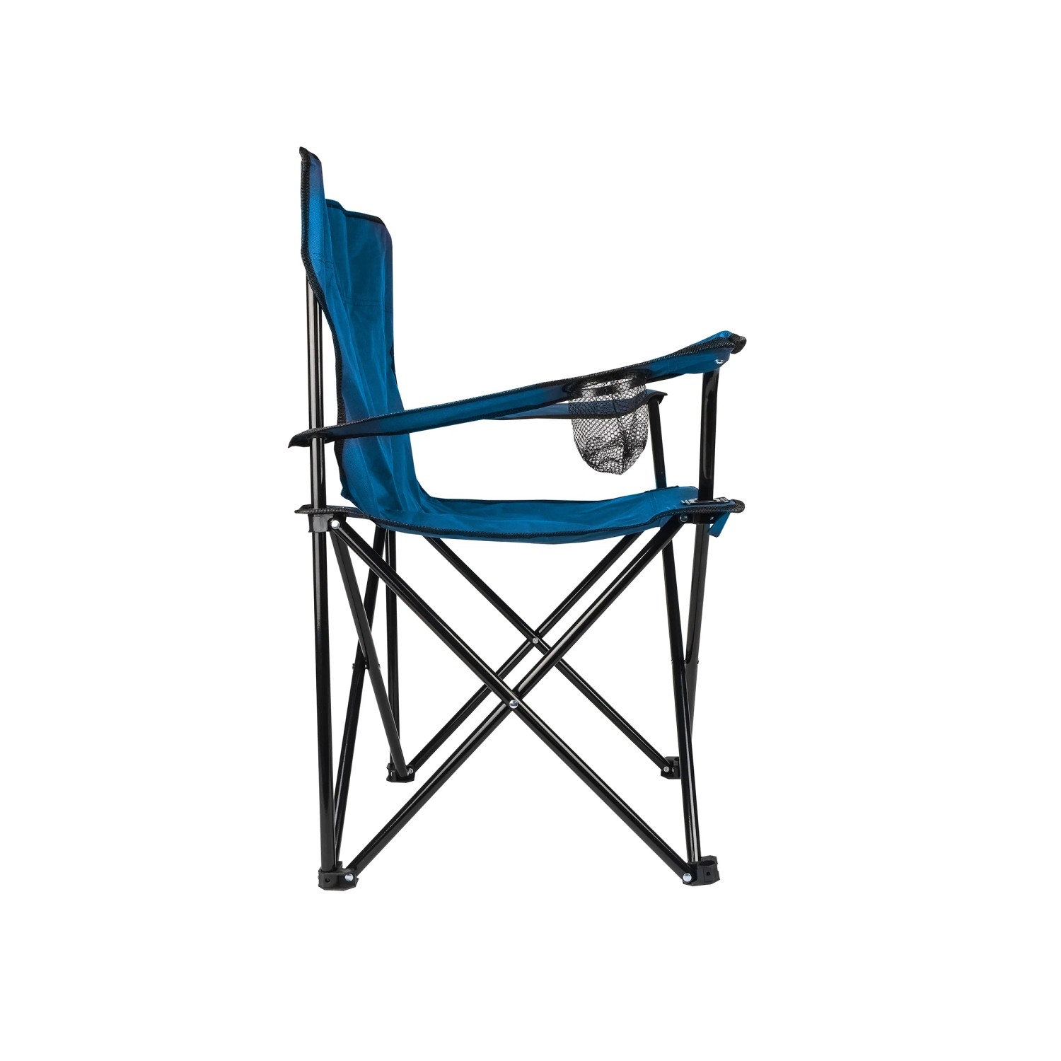Blauer Wellogic Campingstuhl, faltbar mit Getränkehalter, Seitenansicht.