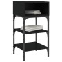 Zwei schwarze Nachttische (35x34,5x70 cm) aus Holzwerkstoff mit drei Ablageflächen.