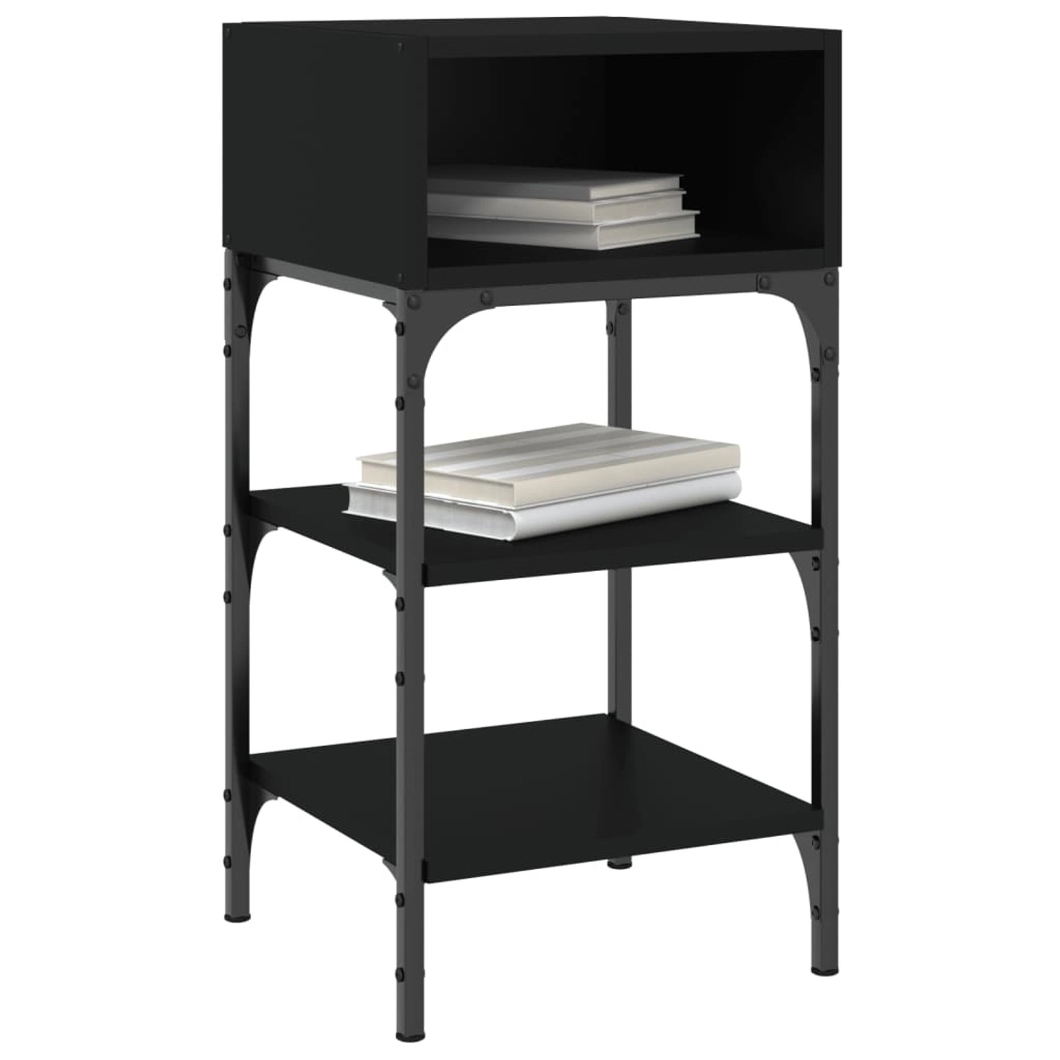 Zwei schwarze Nachttische (35x34,5x70 cm) aus Holzwerkstoff mit drei Ablageflächen.