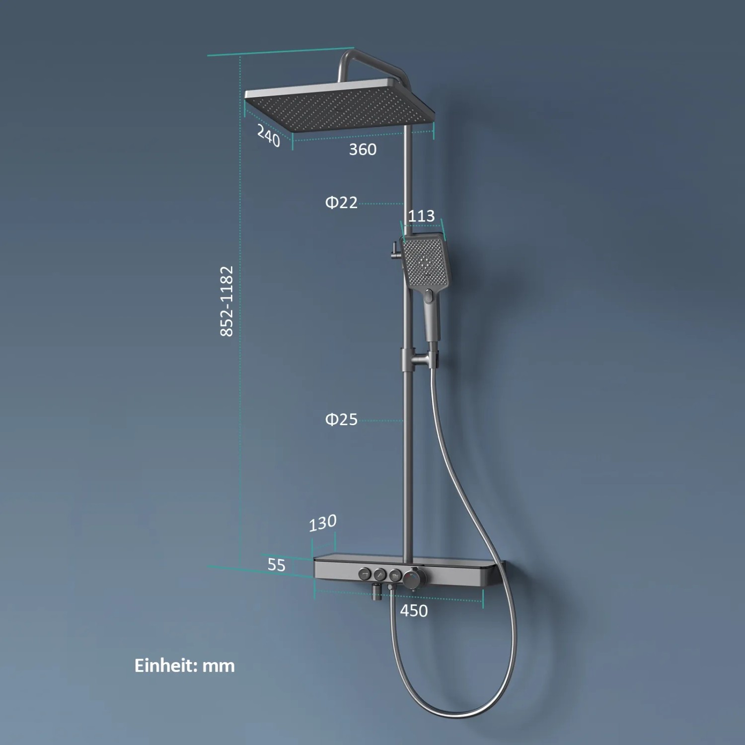 Emke Duschsystem mit Thermostat, anthrazit matt, mit Regendusche und Handbrause. Maße sind eingezeichnet.