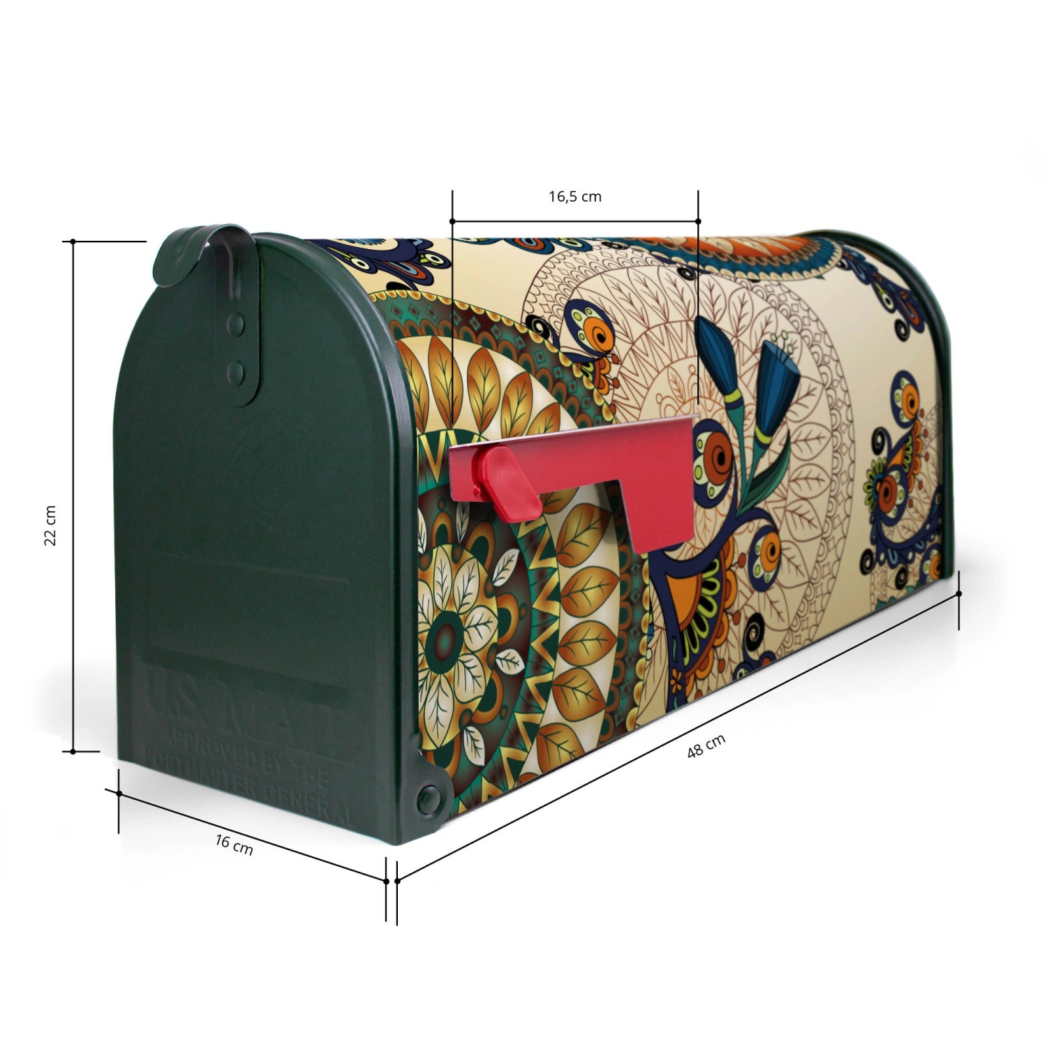 Grüner Banjado US Briefkasten mit Mandala Motiv, 48x22x16cm. Stahl, pulverbeschichtet.