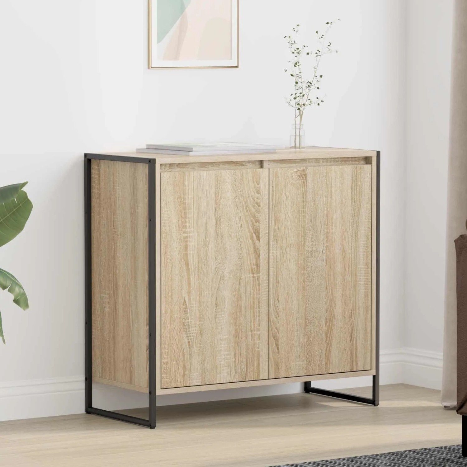 Sonoma Seitenschrank mit 2 Türen, Holzwerkstoff, schwarzes Metallgestell. Moderner Wohnzimmerschrank.