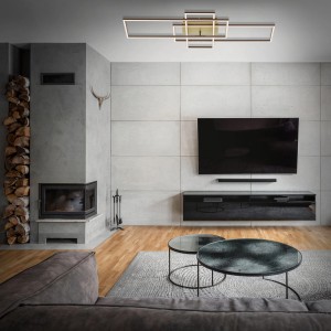 Moderne, dimmbare Brilo LED Deckenleuchte Frame in Braun mit Fernbedienung im Wohnzimmer.