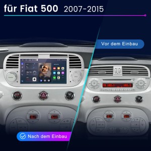Junsun Autoradio Fiat 500 (2007-2015): Dashboard-Vergleich, altes Radio und neues Touchscreen-System.