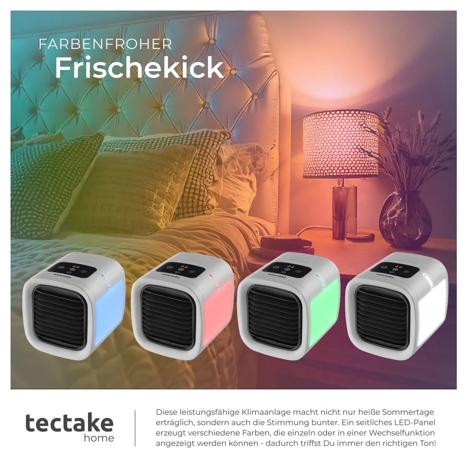 Tectake 3-in-1 Luftkühler mit LED-Beleuchtung in verschiedenen Farben.