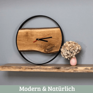 DELUKE Wanduhr Groß Holz PHIL HANDGEFERTIGT 58cm Ø Eiche Geräuschlos Wohnzimmeruhr Holz-Metalloptik Küchenuhr Dekouhr
