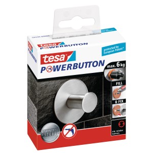 Tesa Powerbutton Klebehaken Classic, rund, aus Edelstahl, für bis zu 6 kg Last.