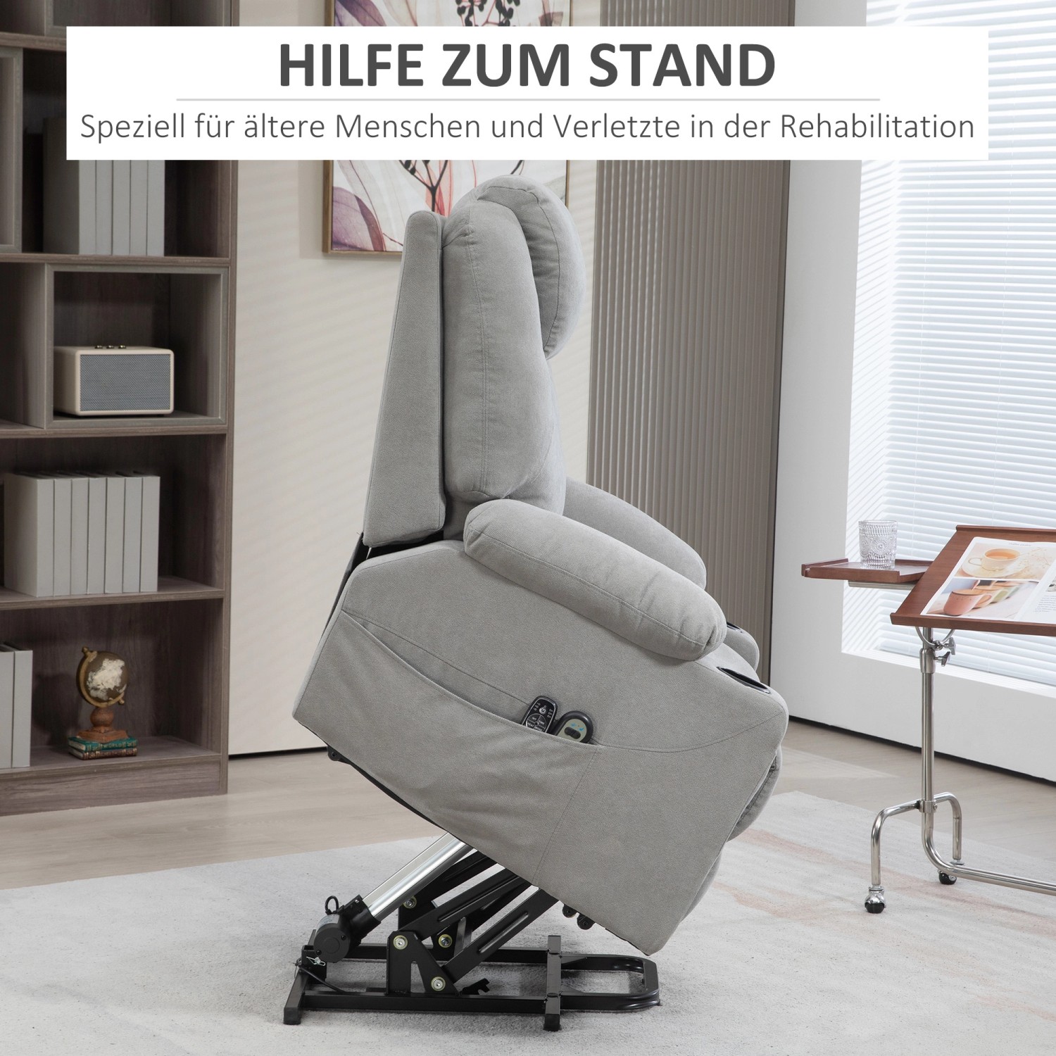 Hellgrauer HOMCOM Elektrischer Aufstehsessel mit Aufstehfunktion, seitlicher Ansicht.