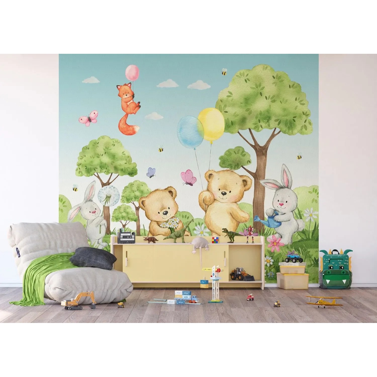 Sanders & Sanders Fototapete Wald mit Tieren, 3x2,7m, für Kinderzimmer.