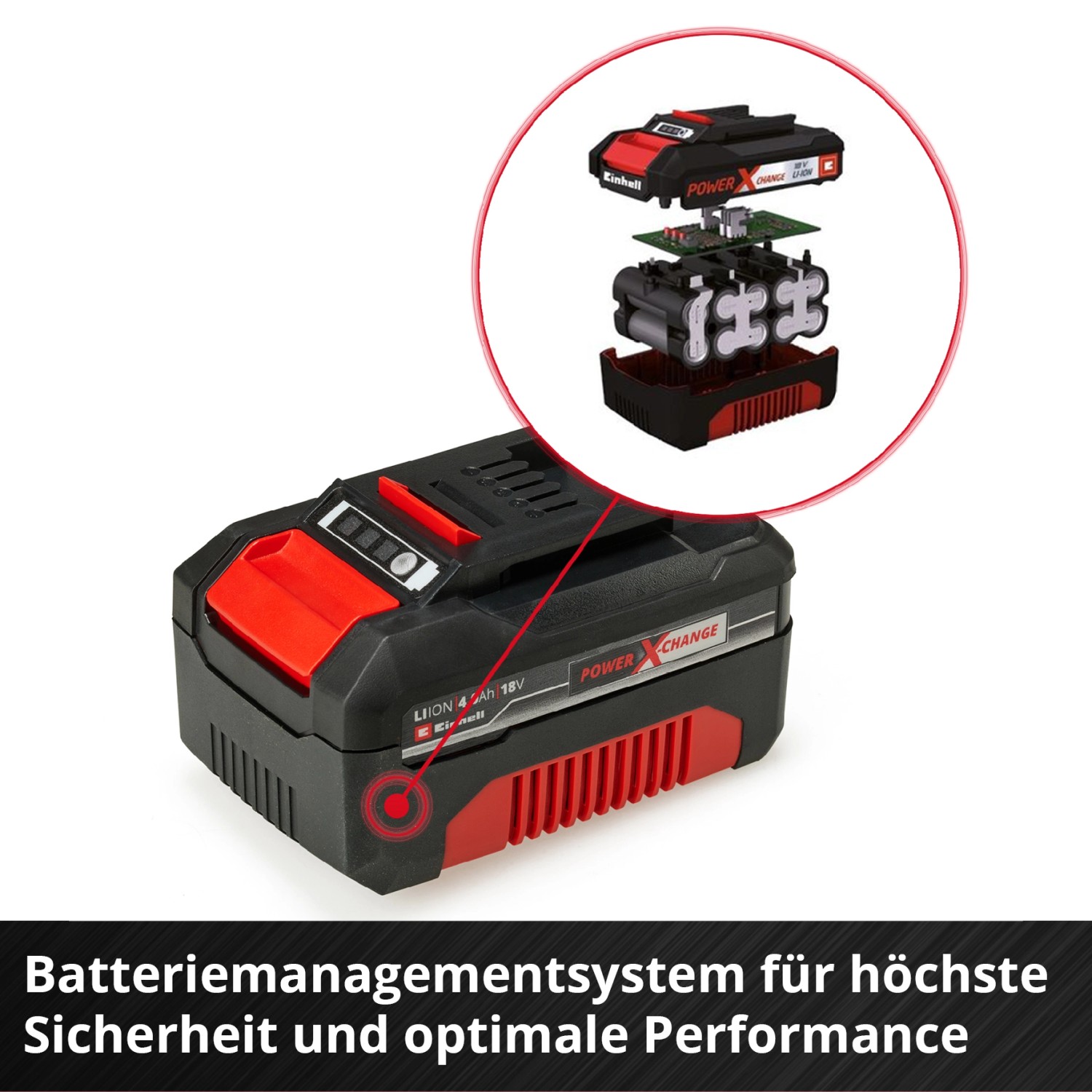 Einhell Power X-Change Akku Twinpack, 2x 18V 4Ah, für Elektrowerkzeuge. Detailaufnahme mit geöffnetem Akku.