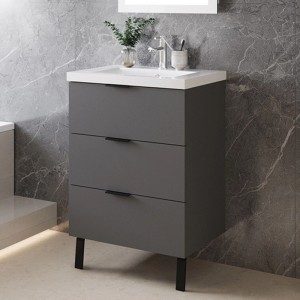 AICA Waschtisch mit Unterschrank 60 cm Kantin Badmöbel Set 2 tlg. Waschbecken mit Standschrank Anthrazit Hochglanz Griffen & Füße Softclose