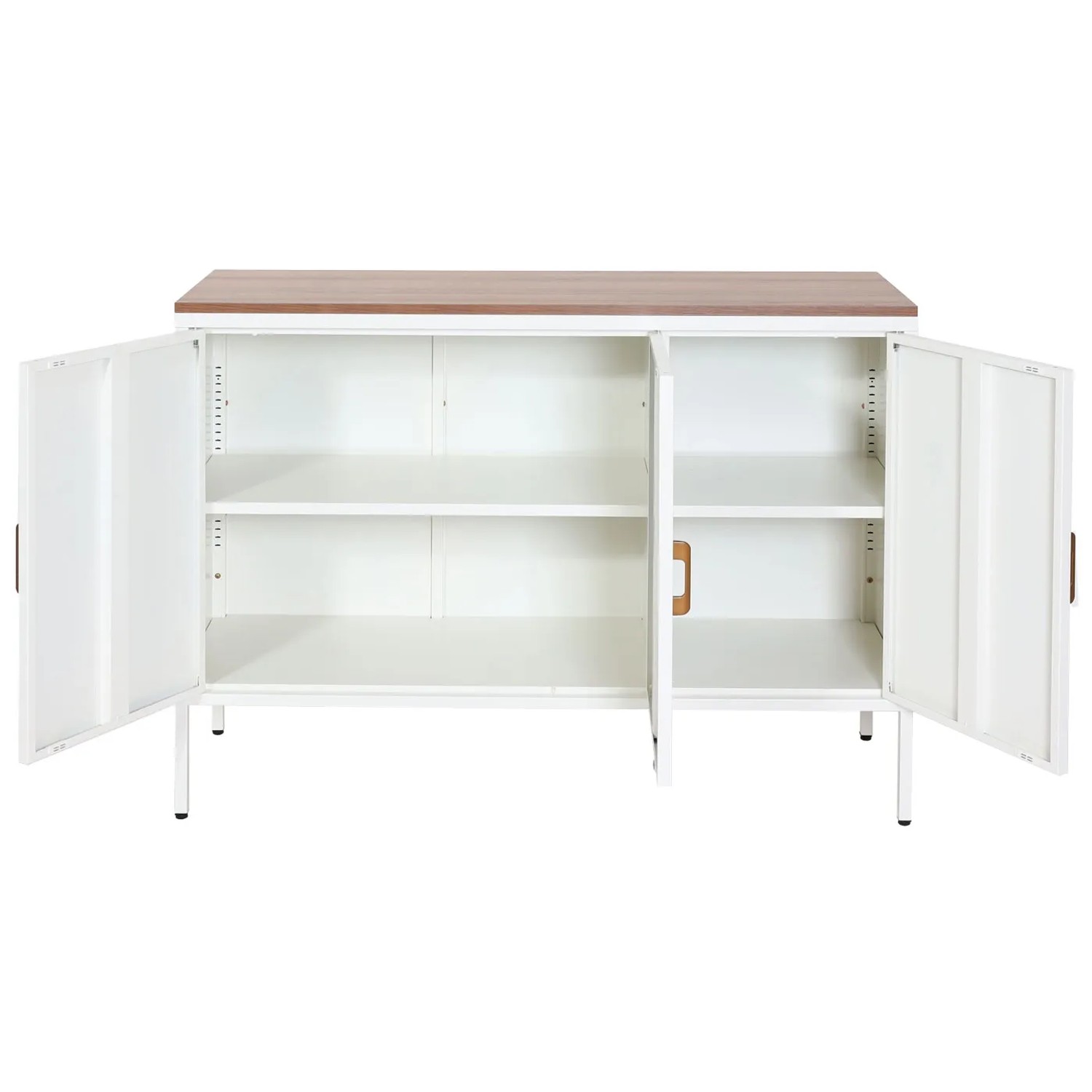 Weiße MCW Kommode L84-3 mit Holzplatte, 3 Türen und offenen Fächern. Schubladenkommode für Wohnzimmer.
