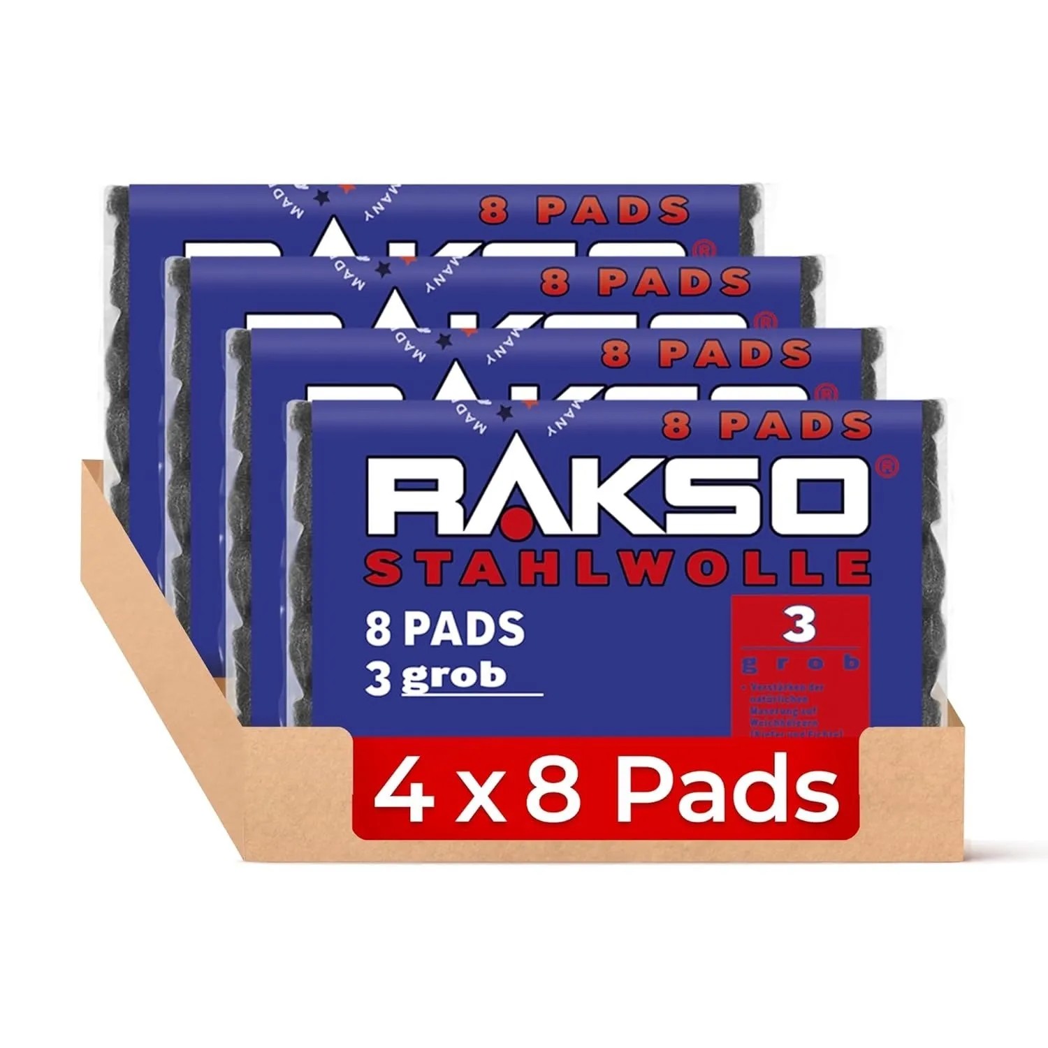 RAKSO Stahlwolle Pads Sorte 3 Grob 4 x 8 Stück