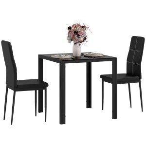 Schwarze 3-teilige Essgruppe mit Glasplatte und Kunstlederstühlen. Ideal für kleine Räume.