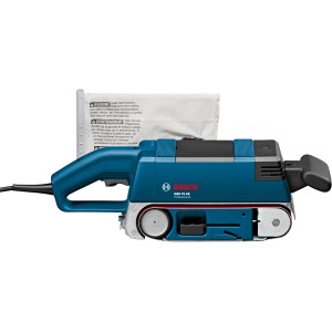 Bosch Professional GBS 75 AE Bandschleifer in Blau mit Staubbeutel.