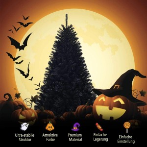Schwarzer künstlicher Weihnachtsbaum (225cm) von Costway, ideal für Halloween-Dekoration.