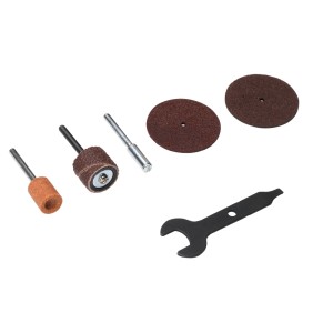 Dremel Multi 3000-5 Zubehörset: Schleifstein, Schleifrolle, Trennscheiben, Aufspanndorn und Schraubenschlüssel.