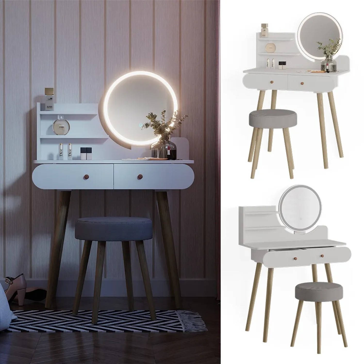 Weißer Vicco Schminktisch Edda 80 cm mit LED-Spiegel und Hocker.