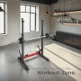 Tectake Squat Rack Apollo mit Hantel und Gewichten, multifunktionales Sport- und Fitnessgerät in Schwarz.
