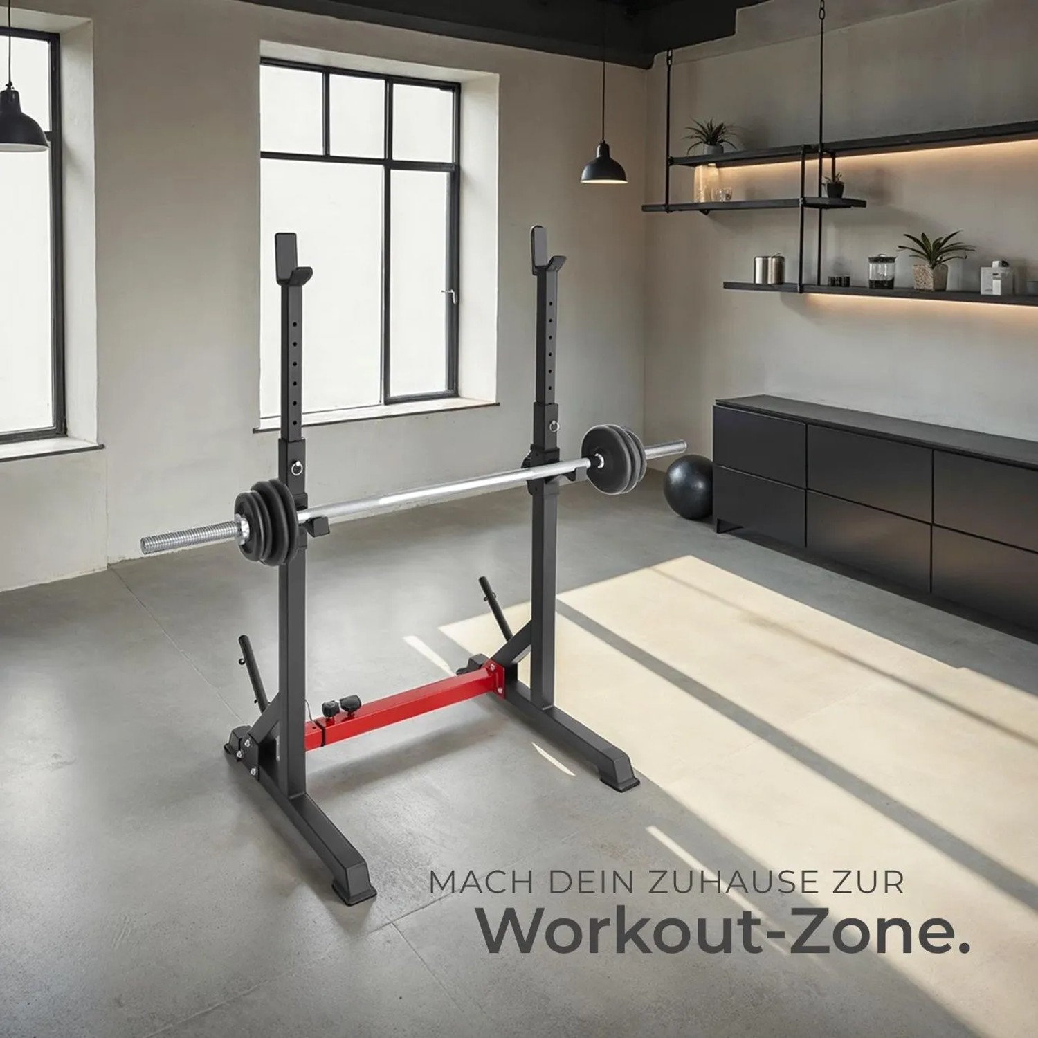 Tectake Squat Rack Apollo mit Hantel und Gewichten, multifunktionales Sport- und Fitnessgerät in Schwarz.