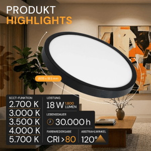 Schwarzes, rundes LED Panel von Enovalite, variabel einsetzbar als Einbau- oder Aufbauleuchte.