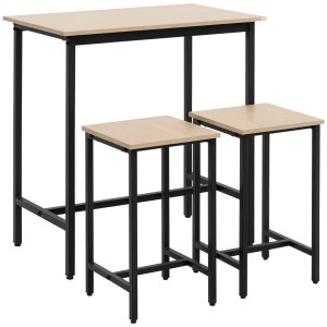 HOMCOM Bartisch-Set mit 2 Stühlen im Industrie-Design, Naturholz und Schwarz, 80x50x85 cm.