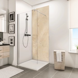 Begehbare Dusche mit Schulte Duschrückwand DecoDesign Kalkstein-hell, hochglänzend, 100x210 cm.