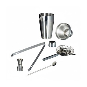 Glänzendes 5-teiliges Cocktailset aus Edelstahl mit Shaker, Messbecher, Löffel, Eiszange und Barsieb für die Hausbar.