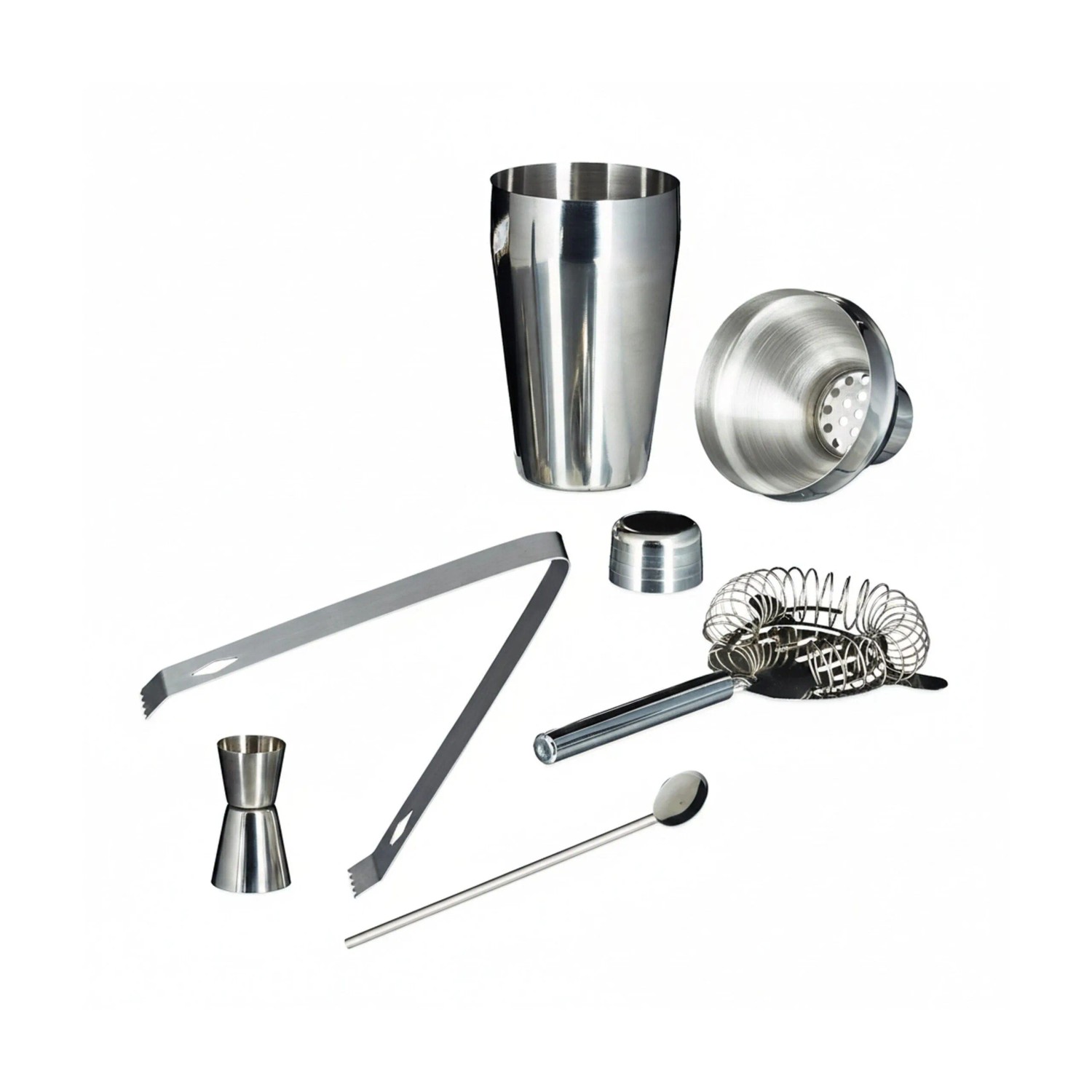 Glänzendes 5-teiliges Cocktailset aus Edelstahl mit Shaker, Messbecher, Löffel, Eiszange und Barsieb für die Hausbar.
