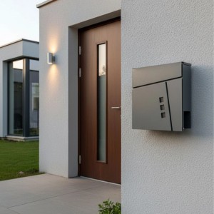 Anthrazitfarbener Relaxdays Wandbriefkasten aus Eisen mit Zeitungsfach an Hauswand.