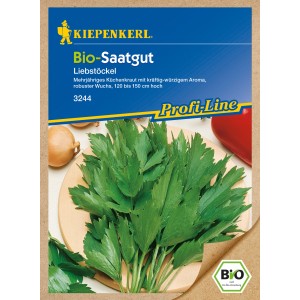 Kiepenkerl Bio Liebstöckel Verino Saatgut Packung mit frischen Liebstöckel Blättern.