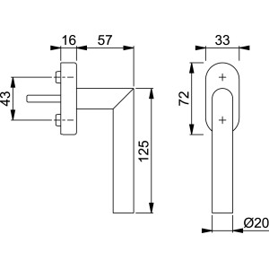 Technische Zeichnung: Hoppe Fenstergriff Amsterdam, Edelstahl matt, Maße und Details für Türbeschläge.