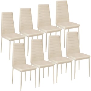 Acht beige gepolsterte Esszimmerstühle mit hoher Rückenlehne und Kunstlederbezug. Modernes 8er Set.