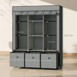 Hellgrauer Stoffschrank mit Stahlrahmen, Vliesstoffbezug, Regalen und Schubladen. HOMCOM Schrank, 125x43x162,5cm.