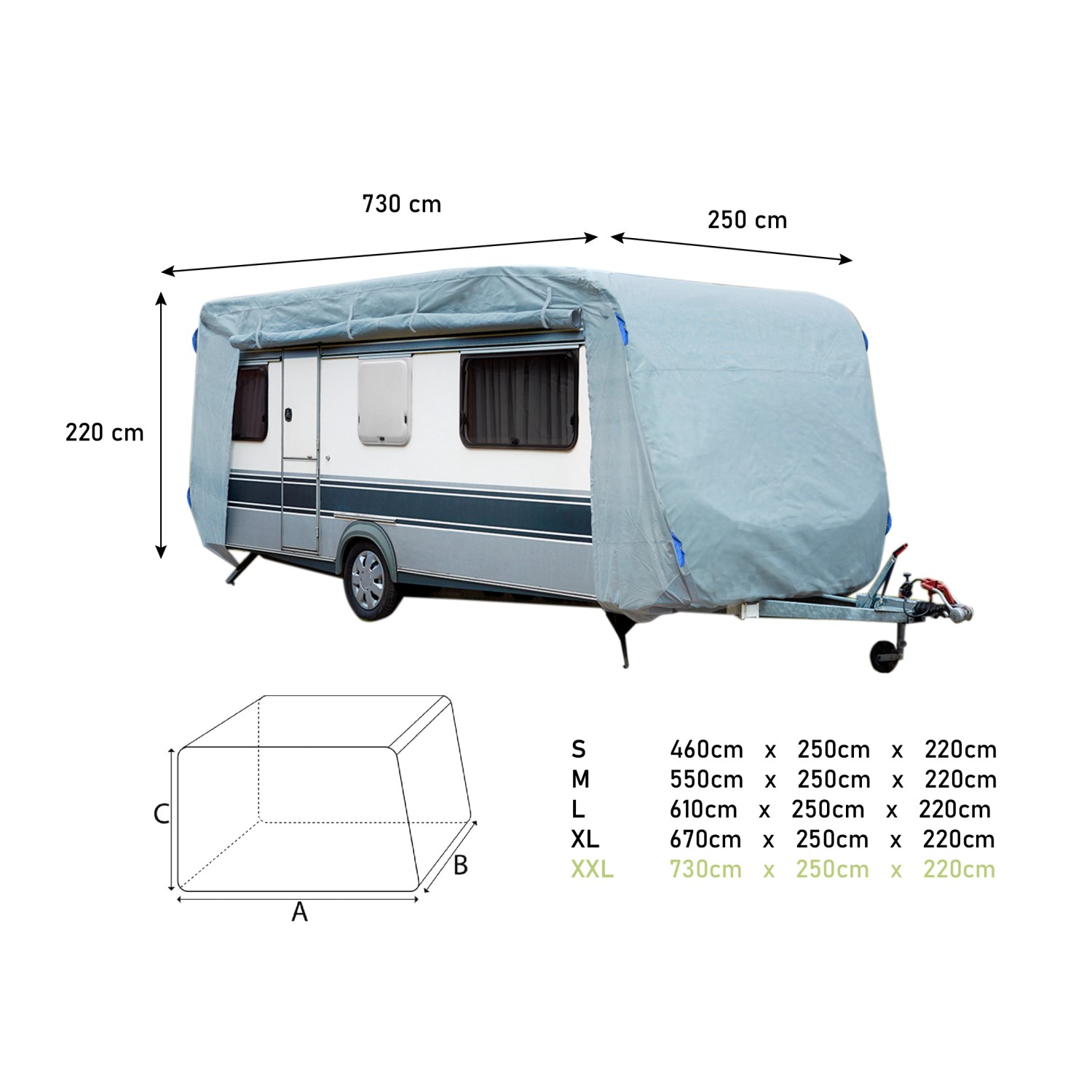 GreenYard® Abdeckplane XXL (730x250x220 cm) für Wohnwagen, grau. Optimaler Frostschutz & UV-Schutz.
