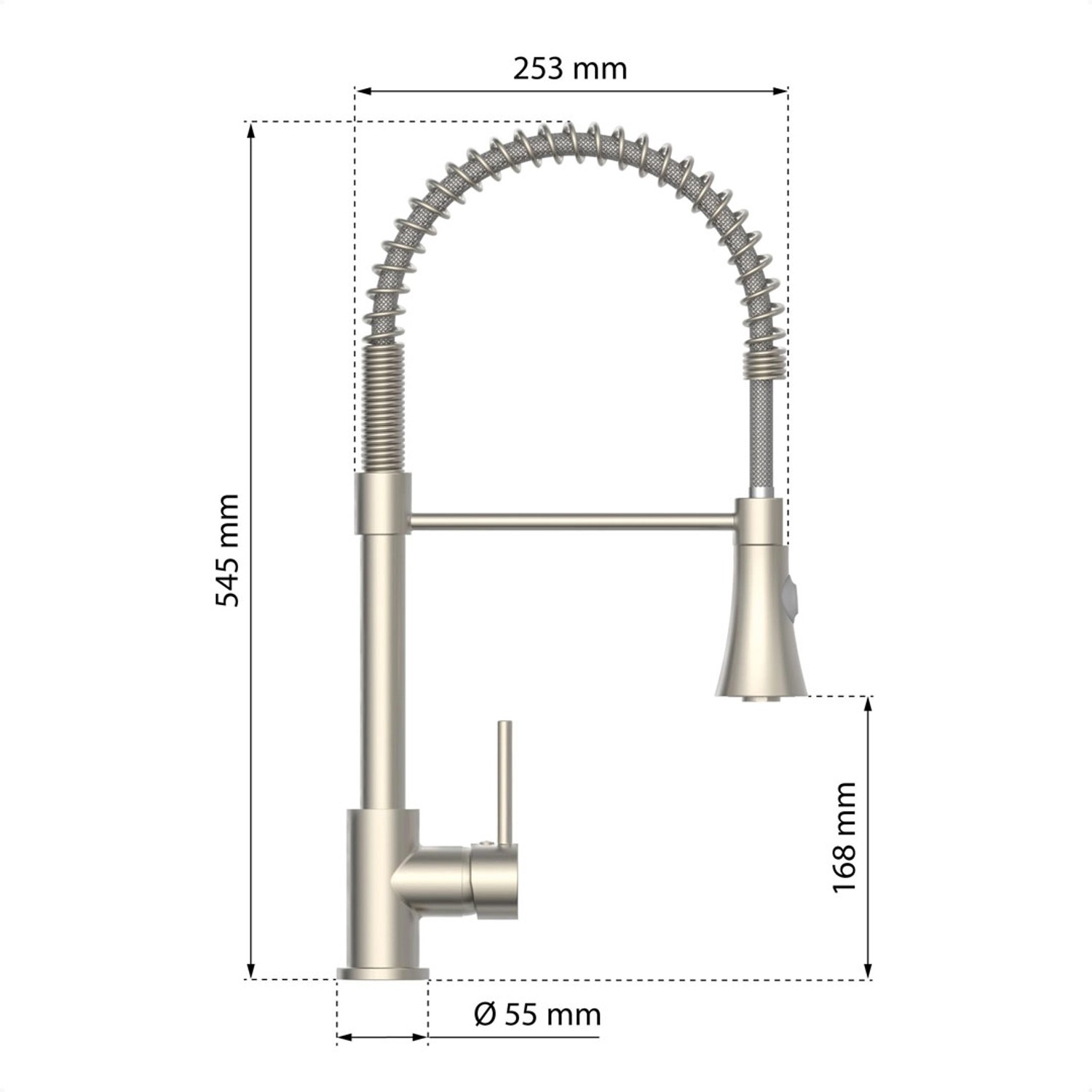 Eisl Spültischarmatur Leon mit Geschirrbrause, Edelstahloptik, mit Maßangaben.