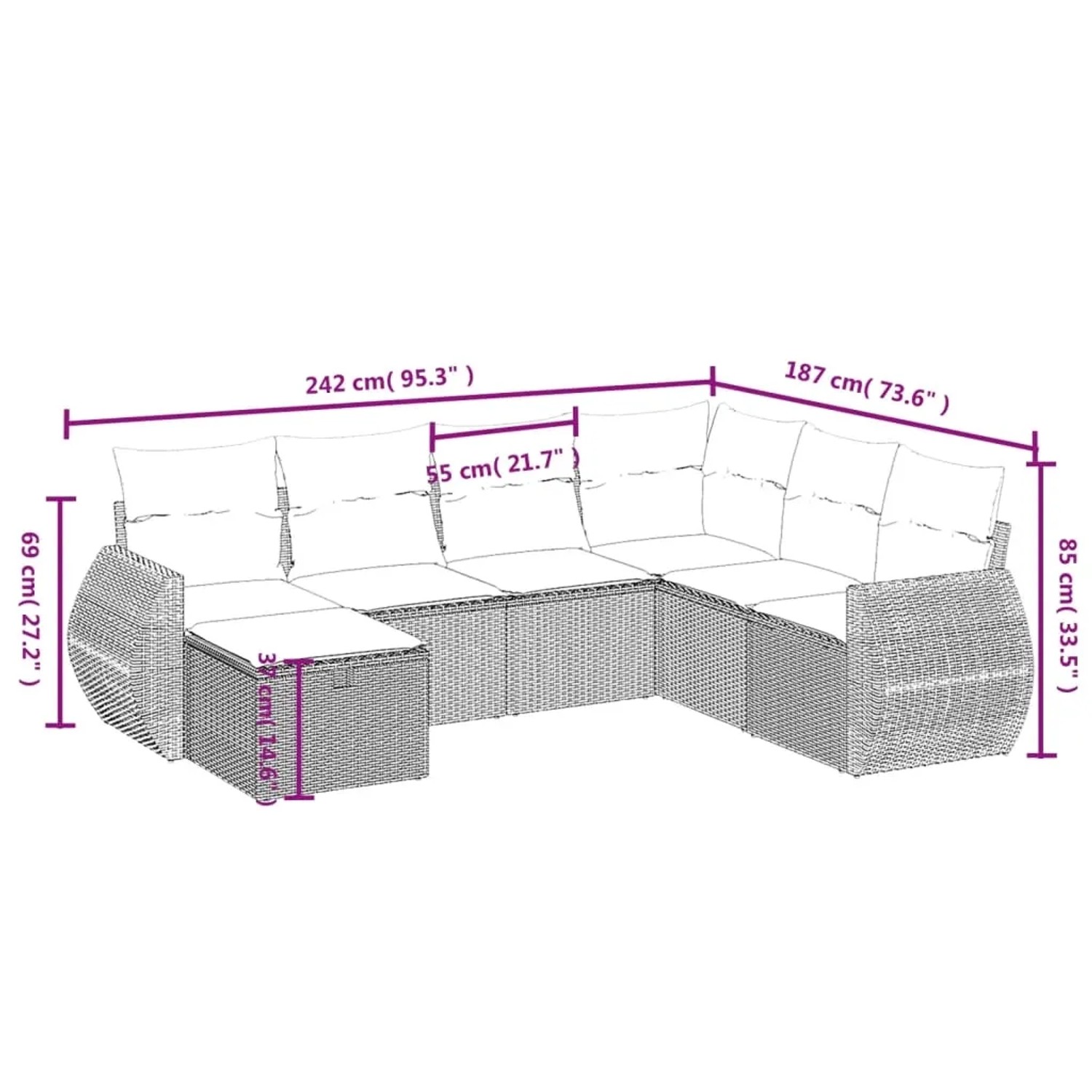 vidaXL 7-tlg. Garten-Sofagarnitur aus schwarzem Rattan mit cremeweißen Kissen und Maßangaben.