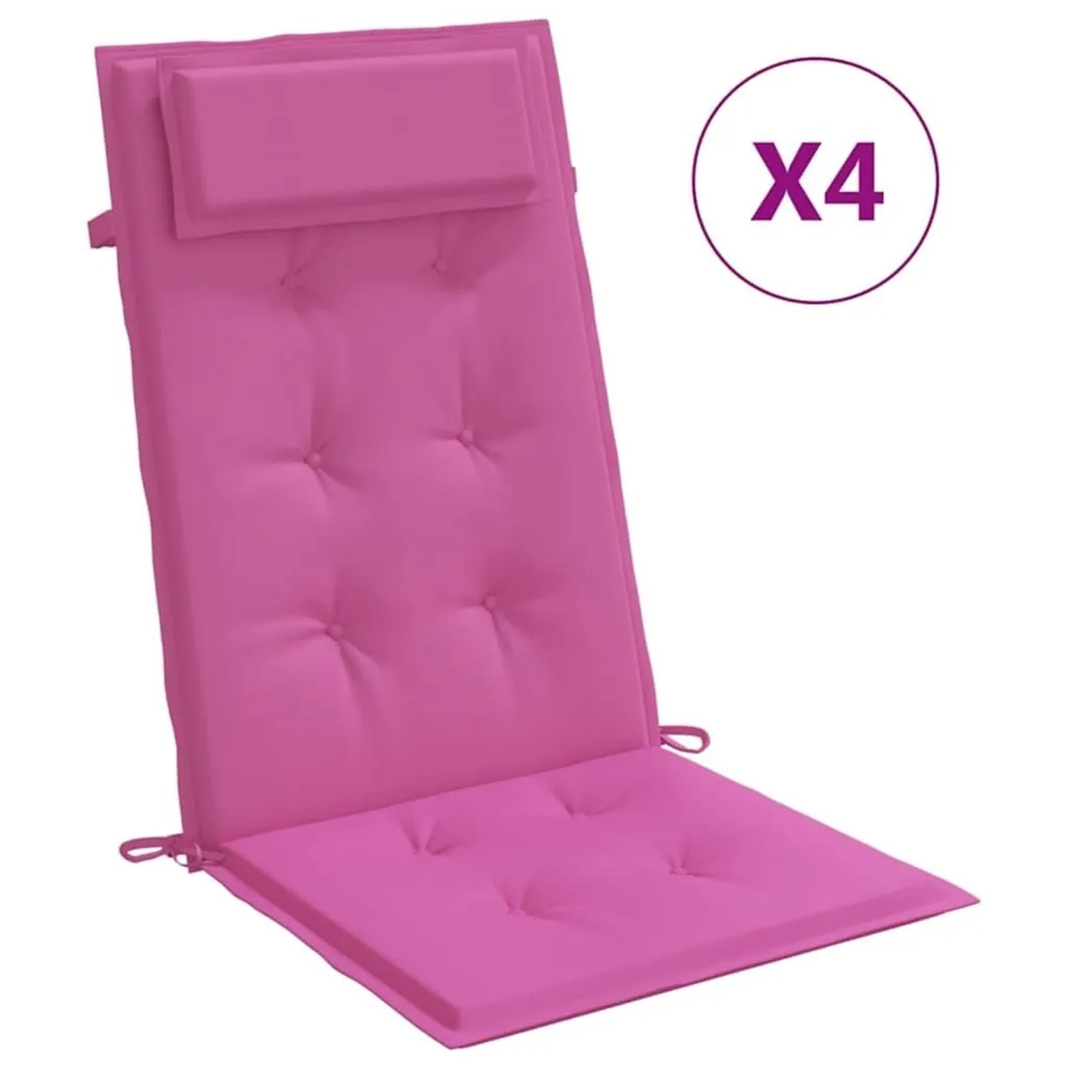 Set aus 4 rosa Hochlehner-Auflagen aus Oxford-Gewebe mit Kopfpolster und Knopfheftung für Gartenstühle.